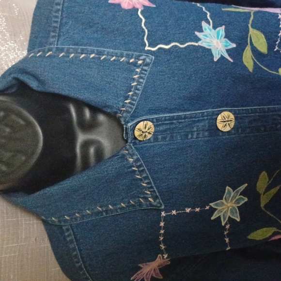 New Directions Blue Jean Floral Embroidered Jacket, 3X - Picture 7 of 7